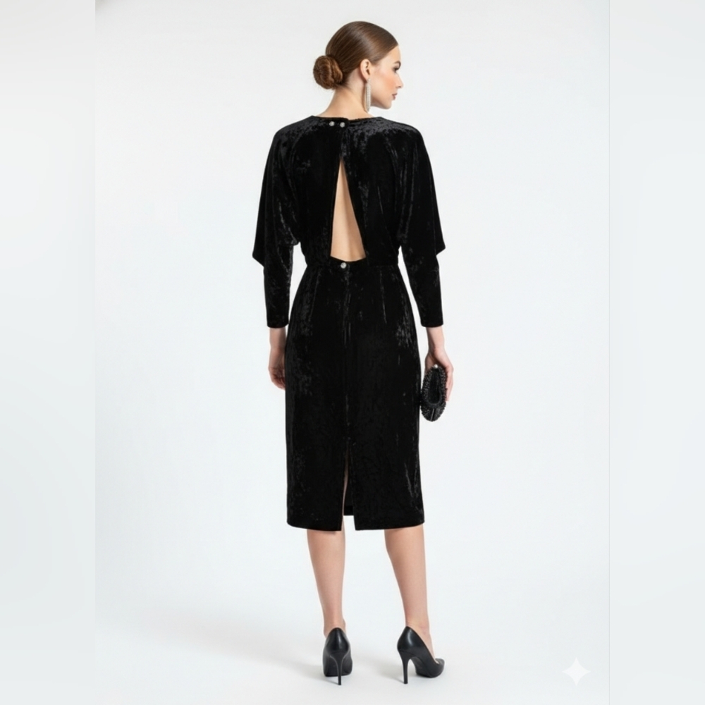 Vintage Susan Roselli for VIJACK Black Crushed Velvet Open Back Dress